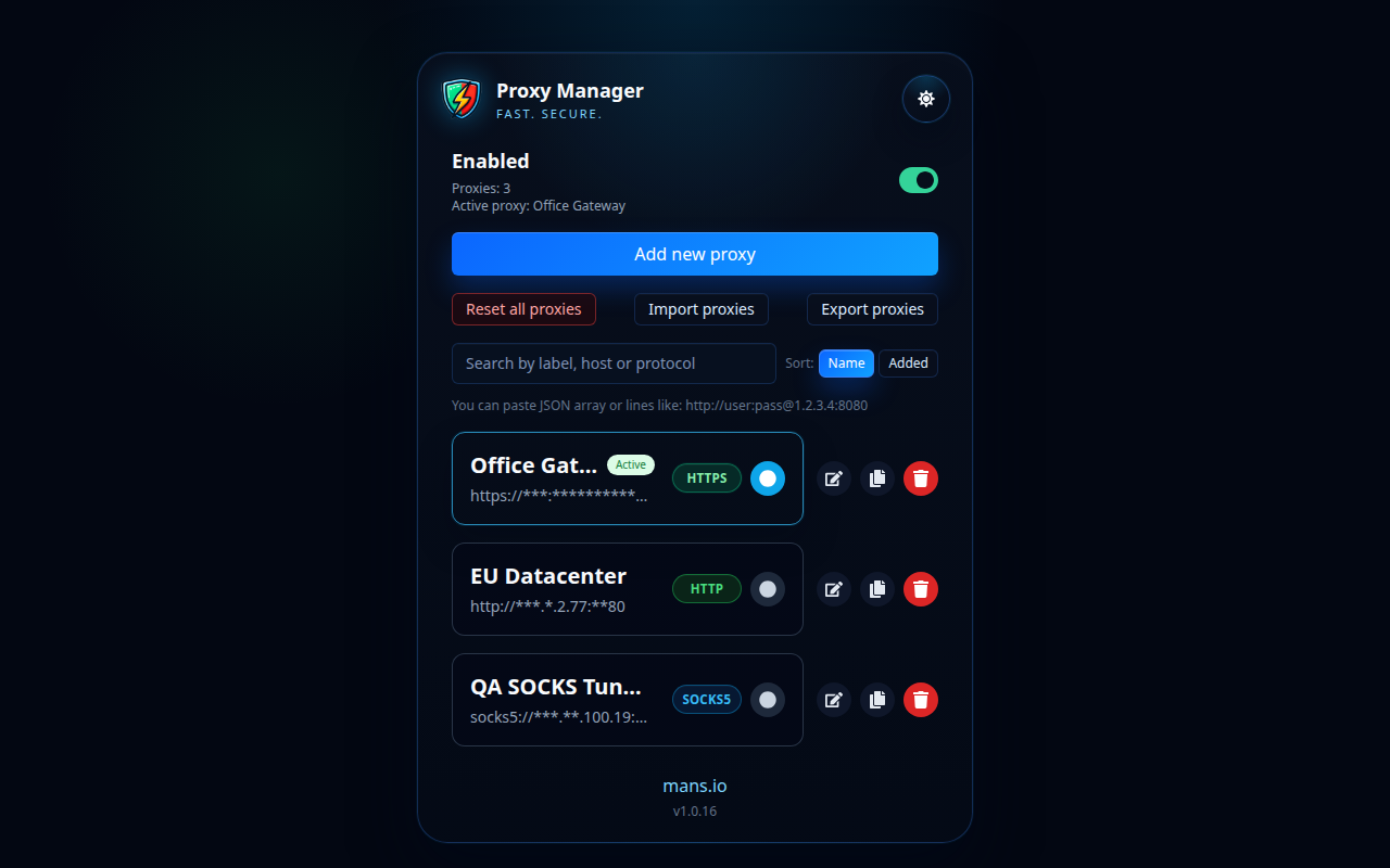 Lista de perfis do Gerenciador de proxy