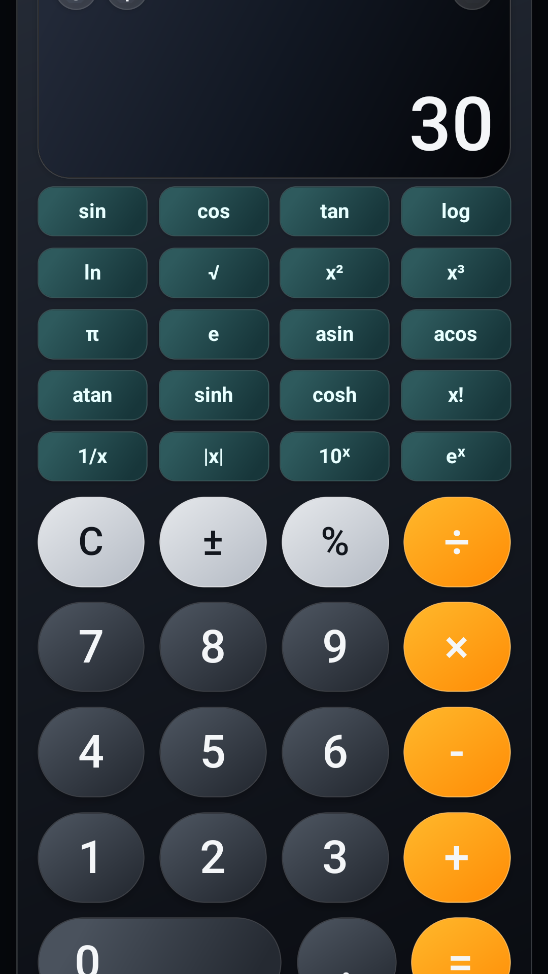 Tela do modo científico da calculadora