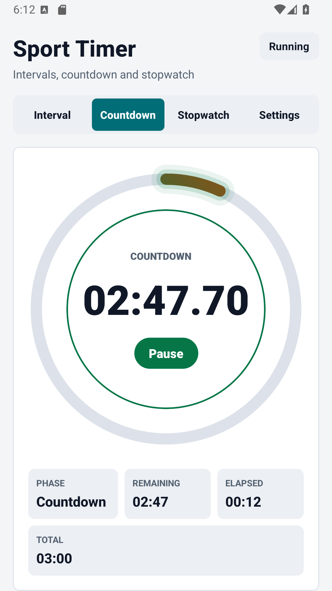 Tela de contagem regressiva do Sport Timer